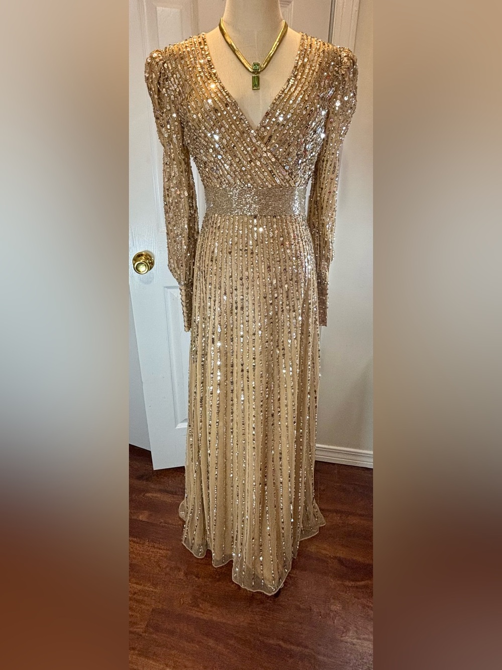 Mac Duggal Sequin Embellished With Cuff Sleeves Gown Vanilla/Silver #5720 - Picture 2 of 11